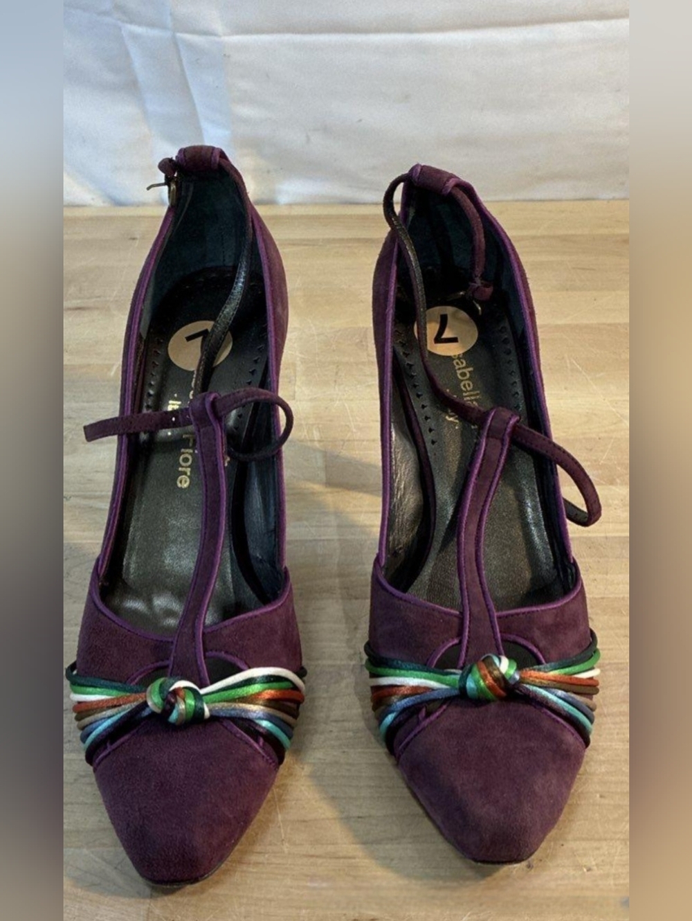 Isabella Fiore Purple Suede T-Strap Pumps Multi-Color Knot Heels Size 7